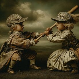 Two Children with a baseball bat - Humorous Painting by Peter Pen Drawings and Paintings
