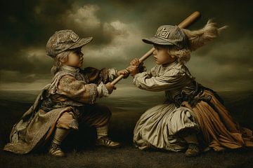Deux enfants avec une batte de baseball - Peinture humoristique
