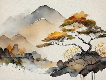 Japandi Art schilderij: Japans ZEN Berglandschap van Studio Pieternel