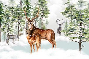 Cerfs et rennes dans la forêt