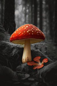 Contraste boisé : champignon rouge en noir et blanc sur Christian Ovís