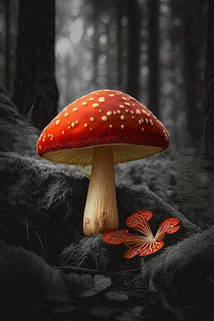 Woody Contrast: Red Mushroom in Black and White by Christian Ovís