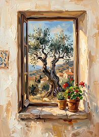 Vue sur un olivier méditerranéen depuis une fenêtre, peinture à l'huile représentant un paysage de village grec sur haroulita