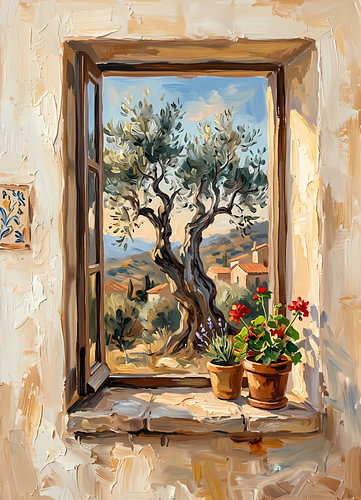 Mediterranean Olive Tree Window View , Greek Village Landscape Oil Painting by haroulita