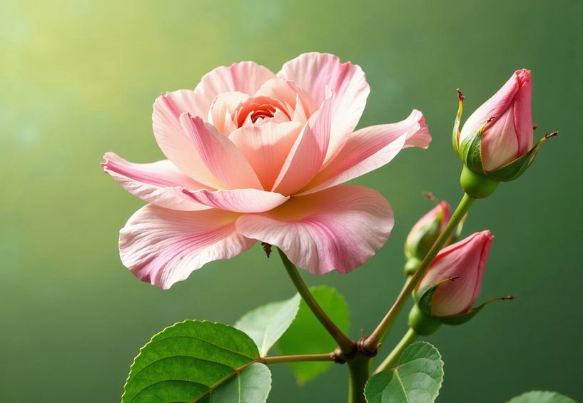 Roze Roos Bloei met Twee Knoppen en Groen Loof van Markus Gann