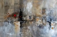 Abstract painting, grey, white and black, with accents of red and orange 