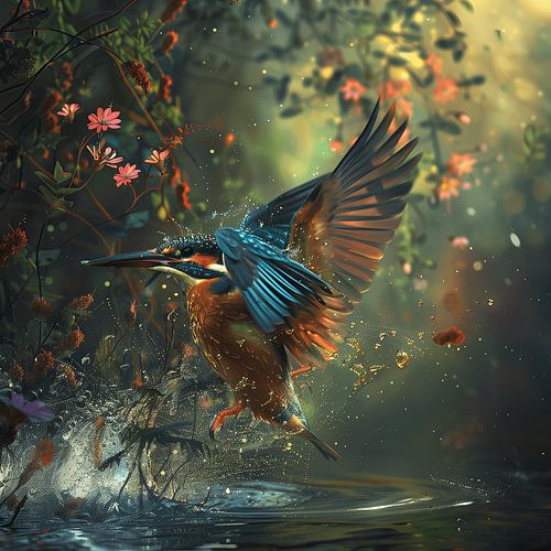 Magischer Eisvogel mit Wassertropfen und rosa Blumen