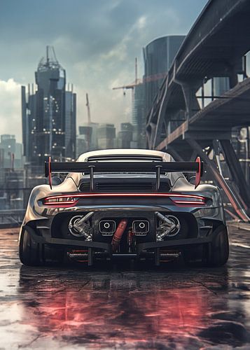 Achteraanzicht van een Porsche 911 GT3 RS in een stedelijk landschap