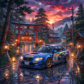 Subaru Legacy STI Rally JDM Sportlimousine – Japanischer Schrein im Regen – Grafische Illustration von The Deeper Way