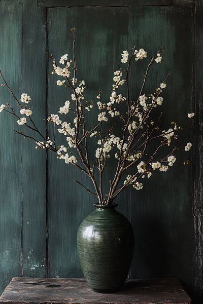 Green vase with white blossom by Imperial Art House