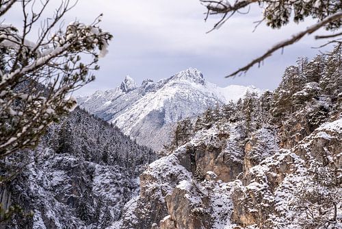 De Gleiersch Klamm in de winter met sneeuw, ijs en hangende ijspegels.