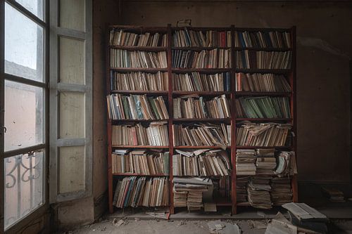 Bookcase in an old abandoned villa