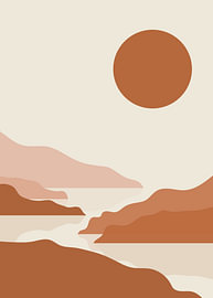 Abstrakte Landschaft im böhmischen Stil mit terrakottafarbener Sonne und Erdtönen von Wisnu Xiao