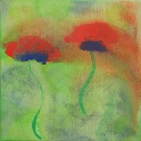 Gouache painting of red poppies on a green meadow