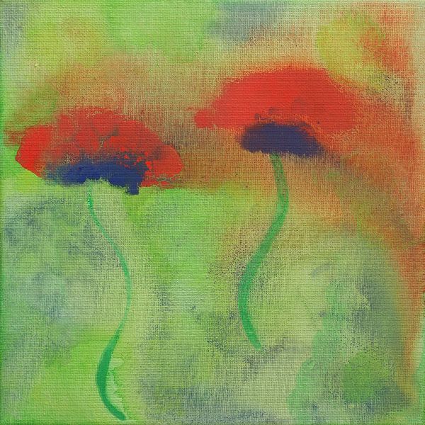 Peinture gouache de coquelicots rouges sur un pré vert par Beate Gube