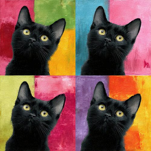Vier keer nieuwsgierig – Popart Katten Schilderij in Kleurrijk Digitaal Design
