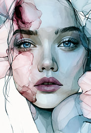 Portrait of a Woman with Blue Eyes and Pink Flowers by SPEQ ART