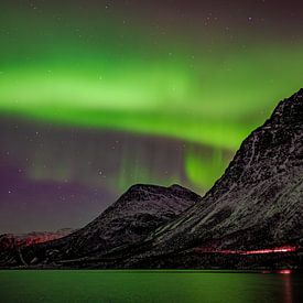 Enchanting Wall Decoration: Tromvik's Mountains, Bay and Northern Lights in One Beautiful Photo by Eriks Photoshop