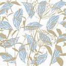 Botanica Delicata. Abstrakte Retro Blumen und Blätter in weiß, wild Wunder Gold und hellen Himmel bl von Dina Dankers Miniaturansicht