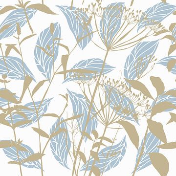 Botanica Delicata. Abstrakte Retro Blumen und Blätter in weiß, wild Wunder Gold und hellen Himmel bl von Dina Dankers