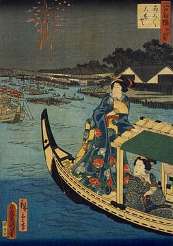 Kunisada, Beobachtung von Feuerwerken in der Edo-Zeit