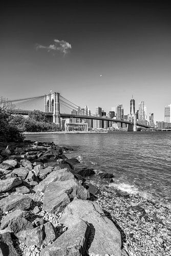 De Brooklyn Bridge en de skyline van Lower Manhattan - zwart-wit