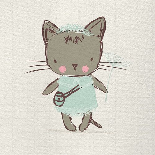 Kleine kat als prinses met een bloem. Retro stijl babykamer kunst