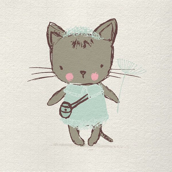 Little kitty cat as a princess  with a flower. Retro style baby room art by Dina Dankers