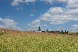„Serene Horizon“ – Barocke Kirchturmspitze – Idyllisches Wohnzimmer-Kunstwerk von Angelus H