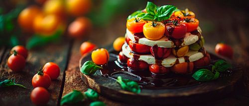 Toren van verse tomaten met mozzarella en basilicum