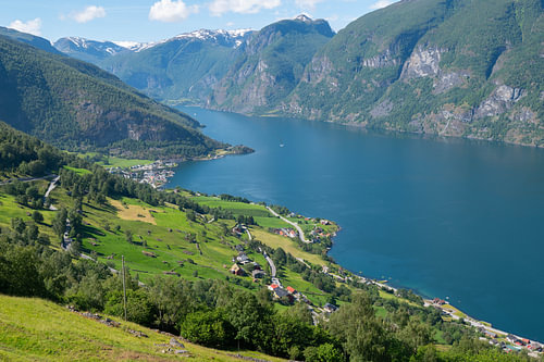 Green farmland along a blue fjord under mountains in Norway