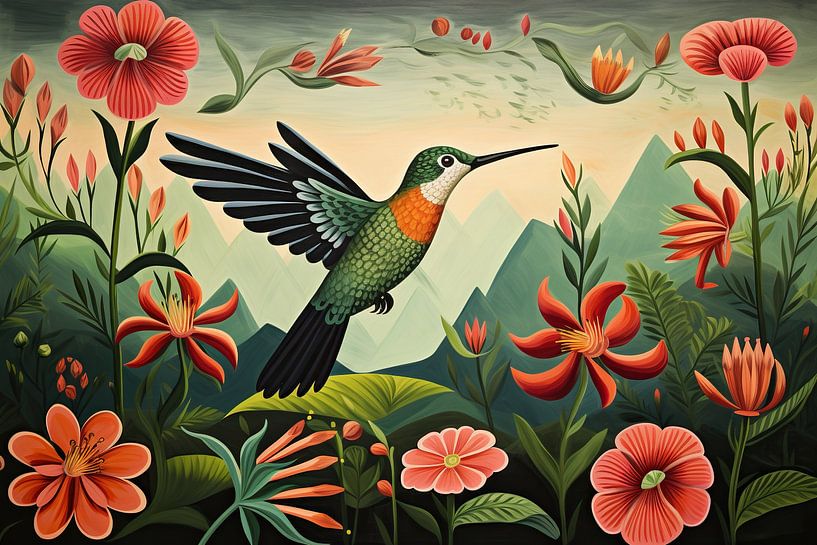 Flowering Hummingbird | Colourful Hummingbird by Eye catching paintings