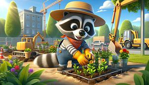Waschbärs Gartenarbeit neben der städtischen Baustelle