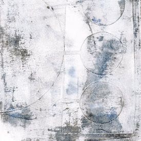 Abstract geometrisch schilderij in zwart-wit, pastelblauw, roest, beige van Dina Dankers