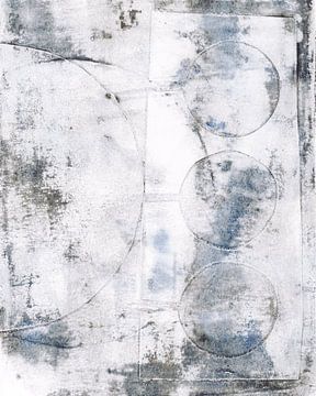Abstract geometrisch schilderij in zwart-wit, pastelblauw, roest, beige van Dina Dankers