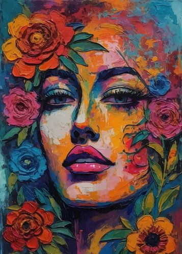 Abstract surrealisme van meisje met bloemen Portret