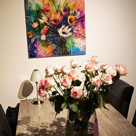 Klantfoto: Levendige, kleurrijke bos wilde bloemen schilderij in abstracte stijl. van Mel Digital Art, op acrylglas