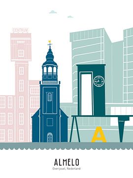 Skyline illustratie stad Almelo in kleur van Mevrouw Emmer