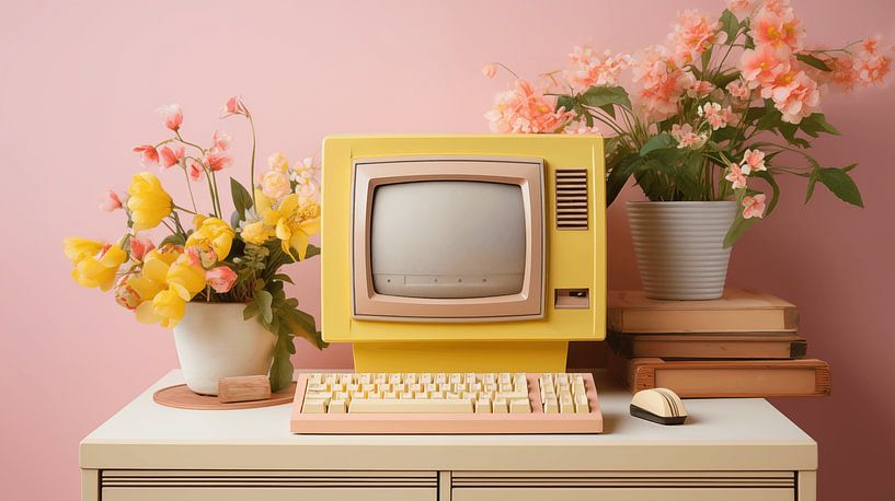 Alter Retro-Computer und Blumen mit rosa Wandhintergrund im Büro, Vintage-Kunstdesign von Animaflora PicsStock