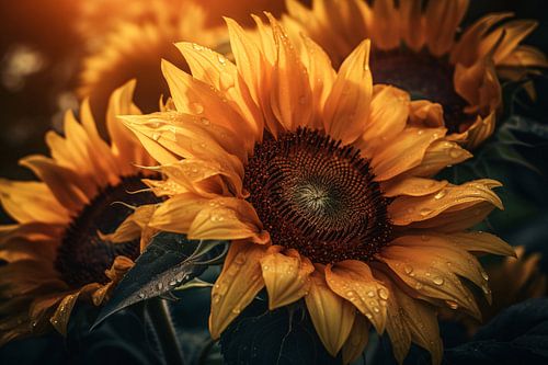 Zonnebloem close-up met waterdruppels