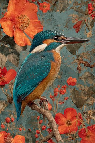 Kingfisher among Flowers in Botanical Art