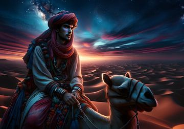 Bedoein op zijn kameel in de woestijn bij zonsondergang van Eye on You