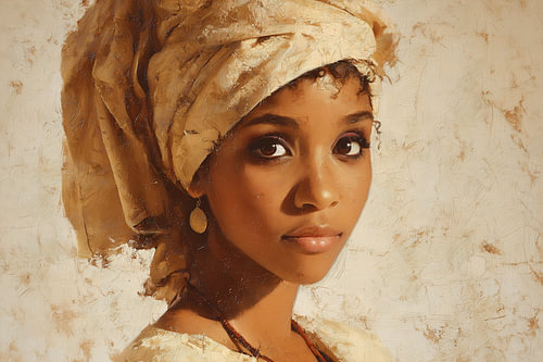 An Afrikaans girl wearing an ochre-coloured headscarf