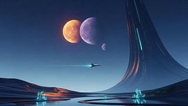 Alien Landscape with Planets, Spaceship, Ring Structure, and Cry by Markus Gann