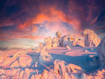 Au sommet du Fichtelberg en hiver au coucher du soleil, Saxe Allemagne sur Animaflora PicsStock