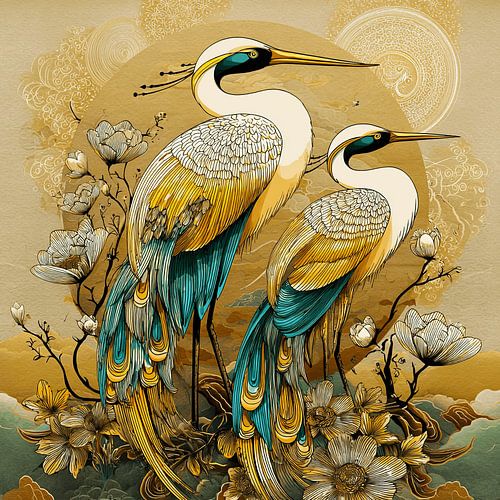 Elegant Herons in Beige & Azure
