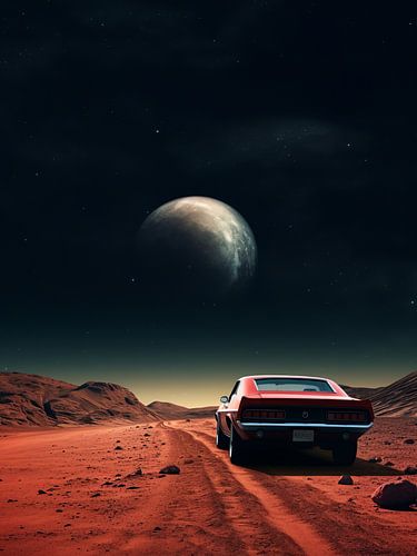 muscle car in mars met maan ruimte wereld aarde