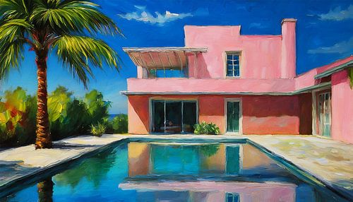 Roze huis met zwembad
