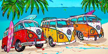 Volkswagen buses on the beach by Happy Paintings