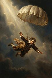 Homme avec parachute descendant à travers les nuages sur Markus Gann